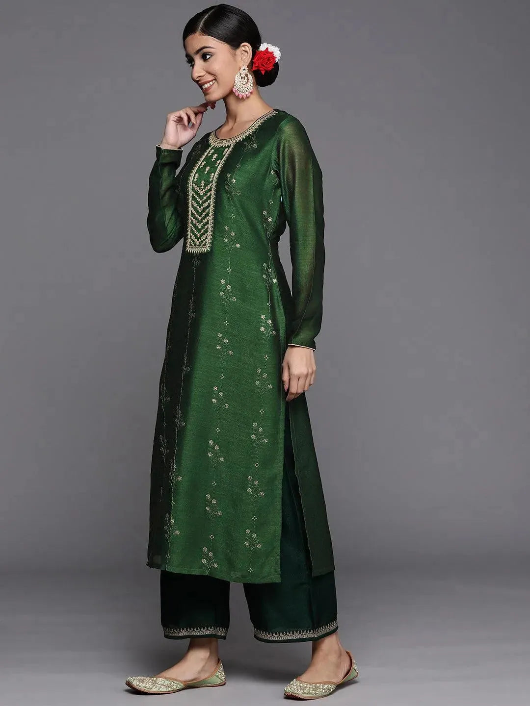 Green Embroidered Silk Straight Kurta - Libas