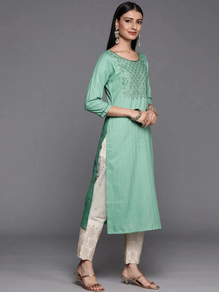 Green Embroidered Silk Straight Kurta - Libas