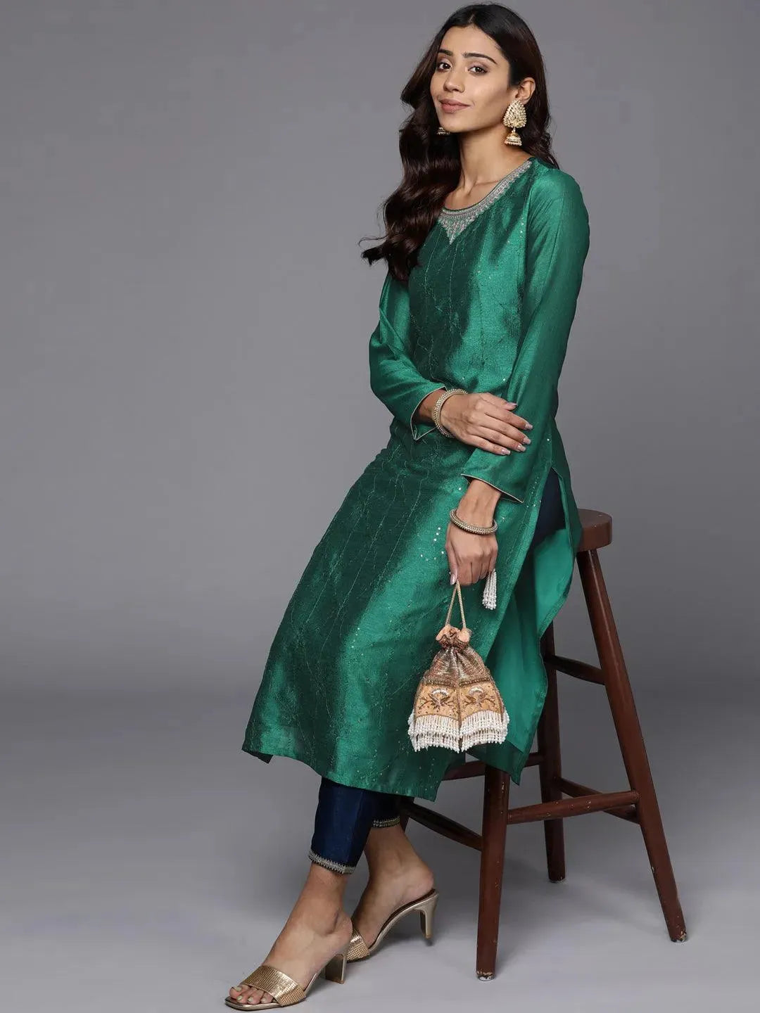 Green Embroidered Silk Straight Kurta - Libas