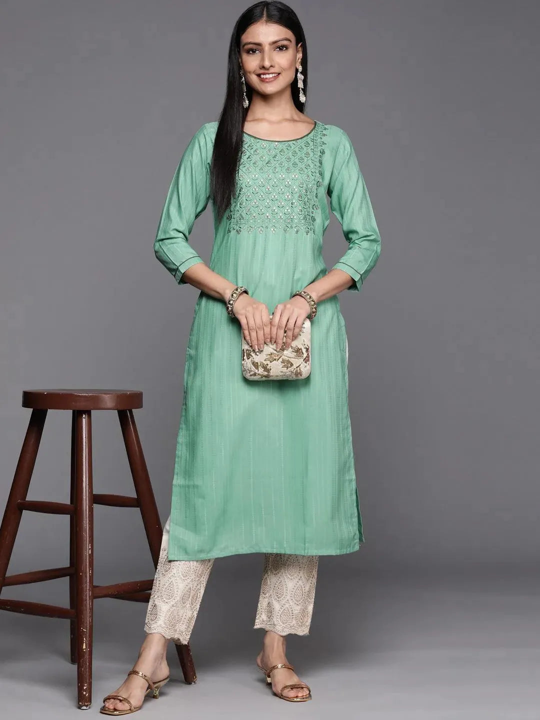 Green Embroidered Silk Straight Kurta - Libas 
