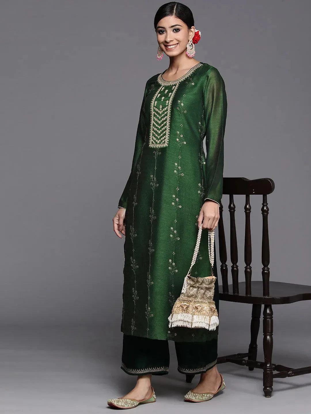 Green Embroidered Silk Straight Kurta - Libas