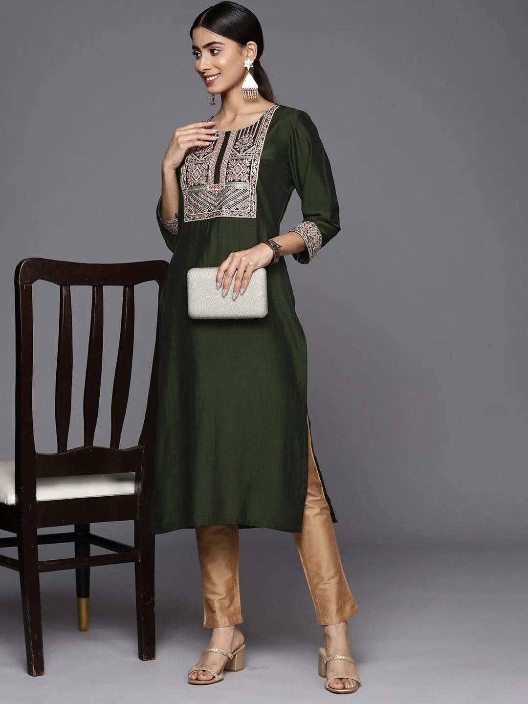 Green Embroidered Silk Straight Kurta - Libas 