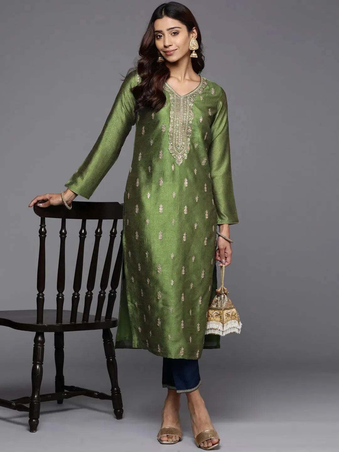 Green Embroidered Silk Straight Kurta - Libas