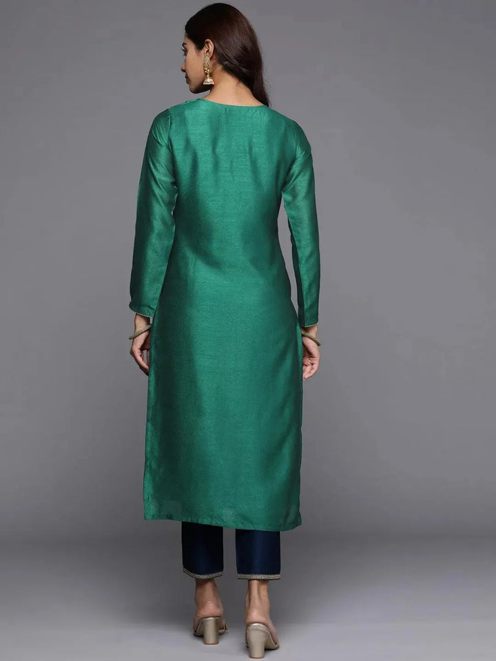 Green Embroidered Silk Straight Kurta - Libas