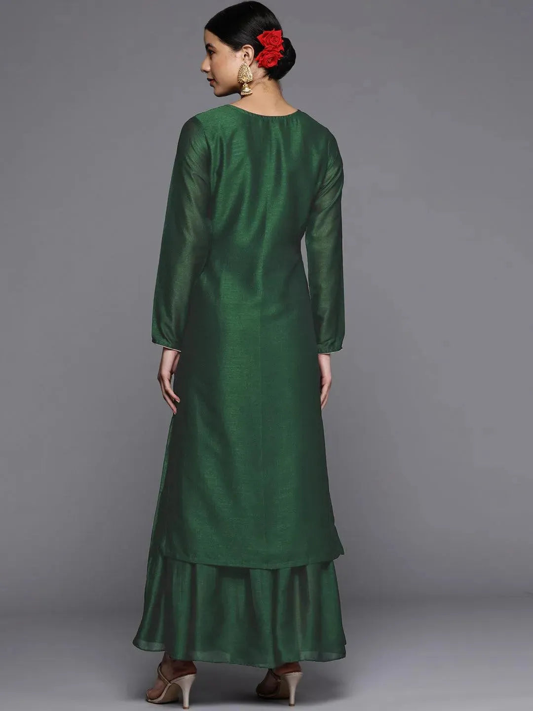 Green Embroidered Silk Straight Kurta - Libas 