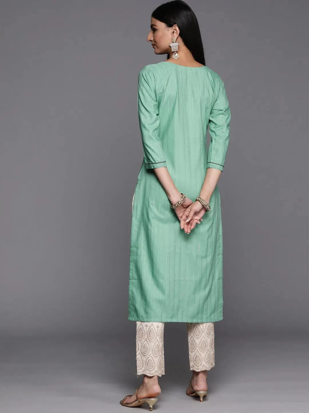 Green Embroidered Silk Straight Kurta - Libas 