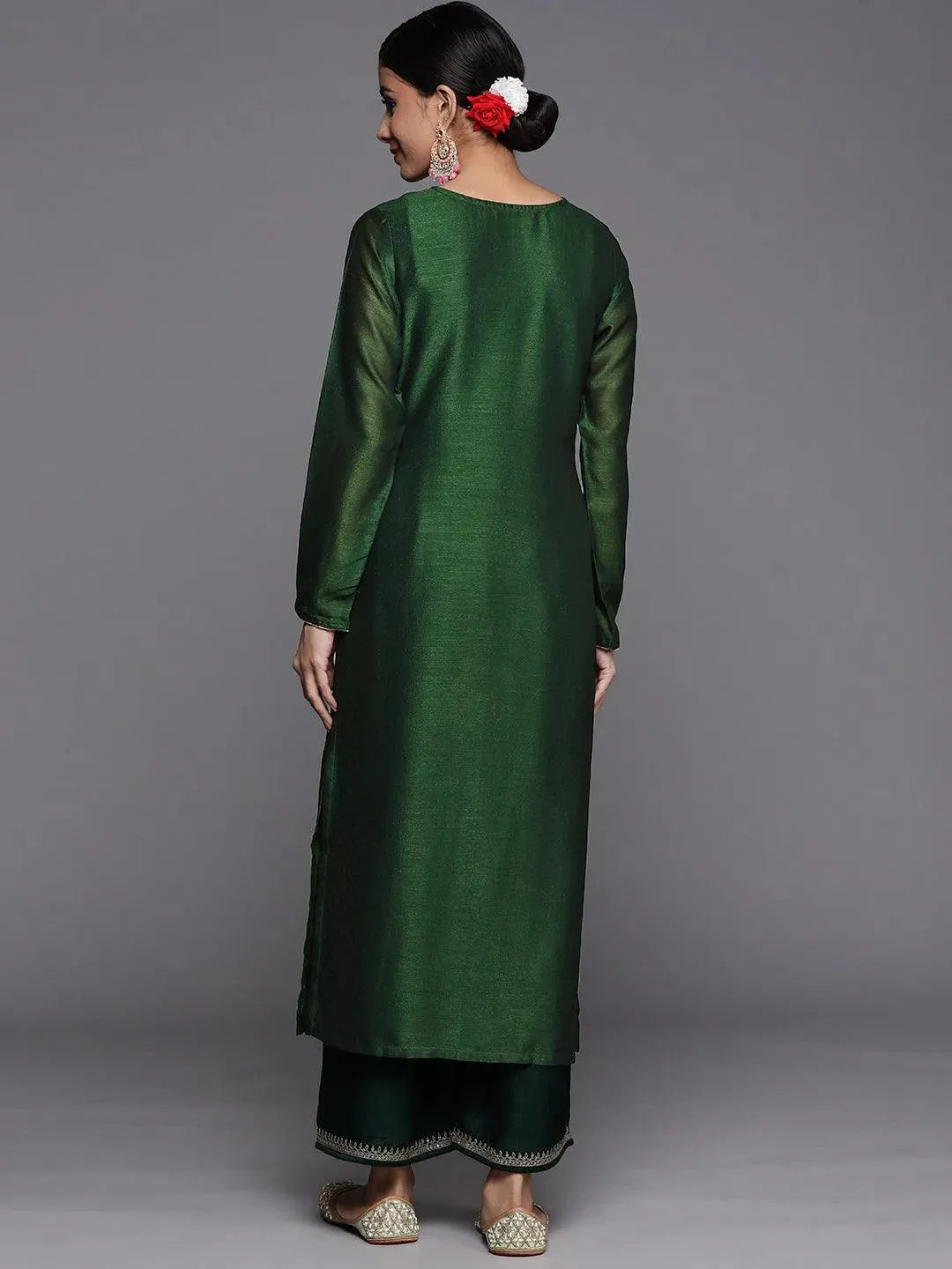 Green Embroidered Silk Straight Kurta - Libas