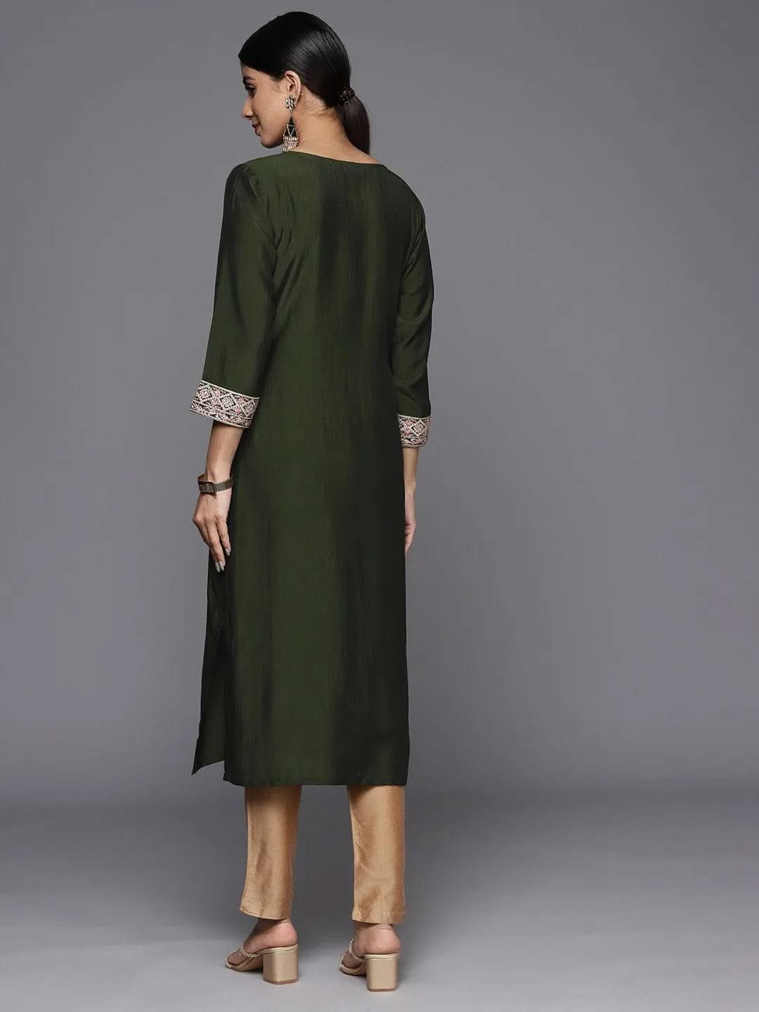 Green Embroidered Silk Straight Kurta - Libas 
