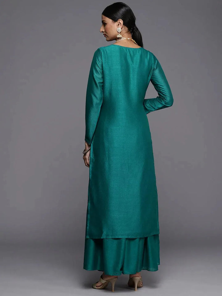 Green Embroidered Silk Straight Kurta - Libas
