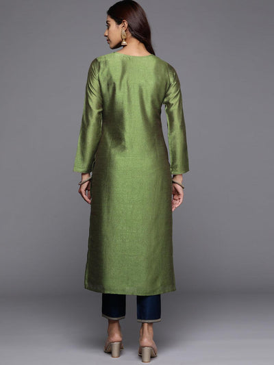 Green Embroidered Silk Straight Kurta - Libas