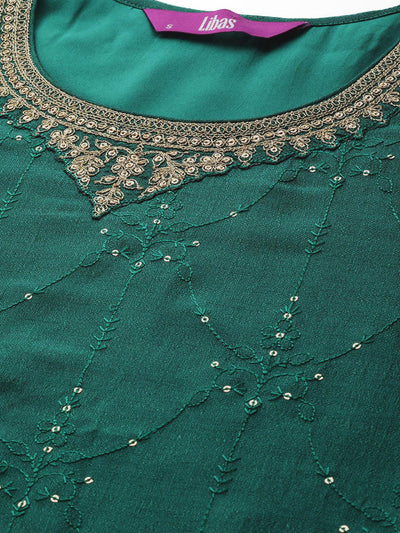 Green Embroidered Silk Straight Kurta - Libas