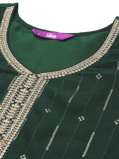 Green Embroidered Silk Straight Kurta - Libas