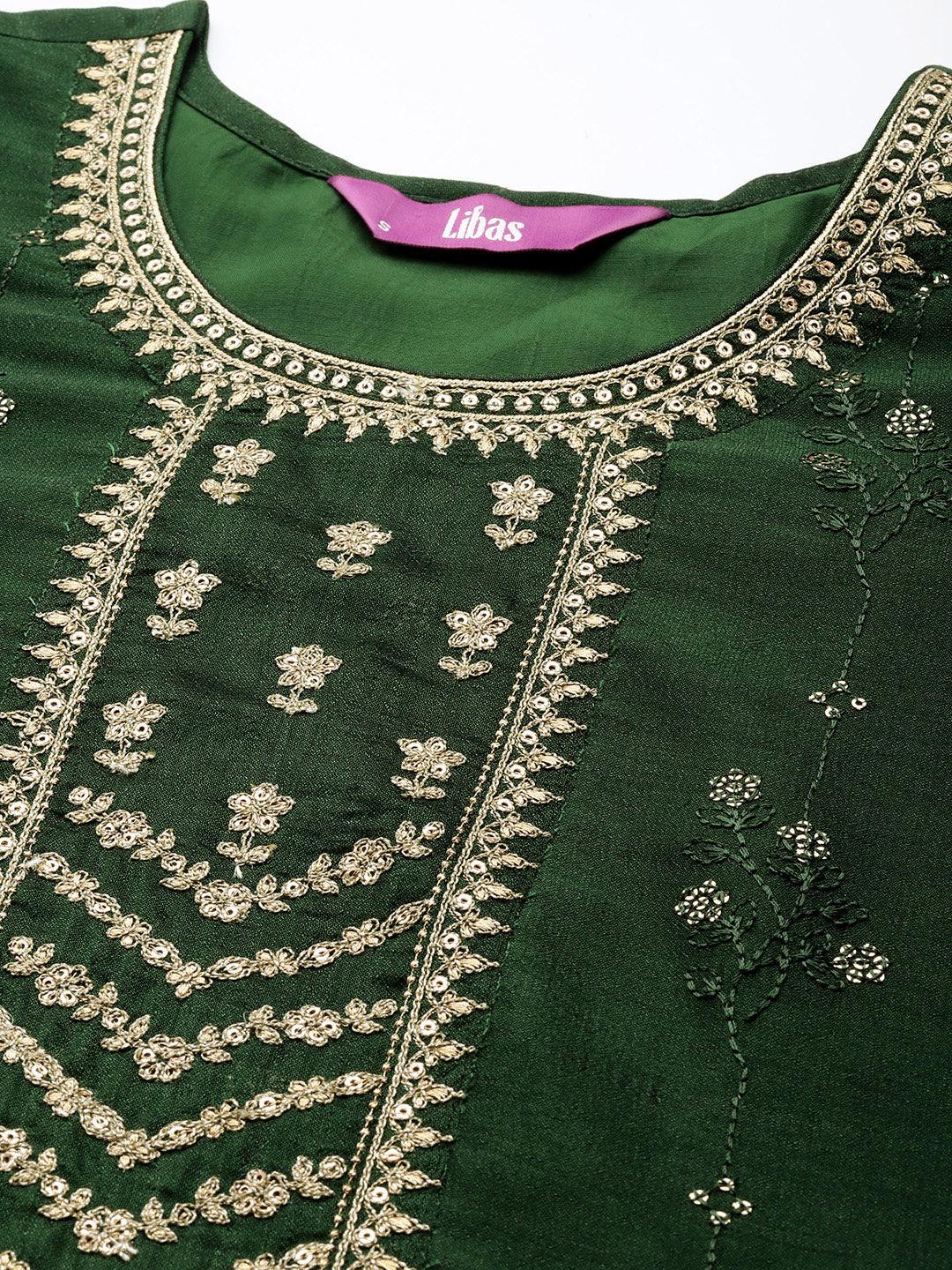 Green Embroidered Silk Straight Kurta