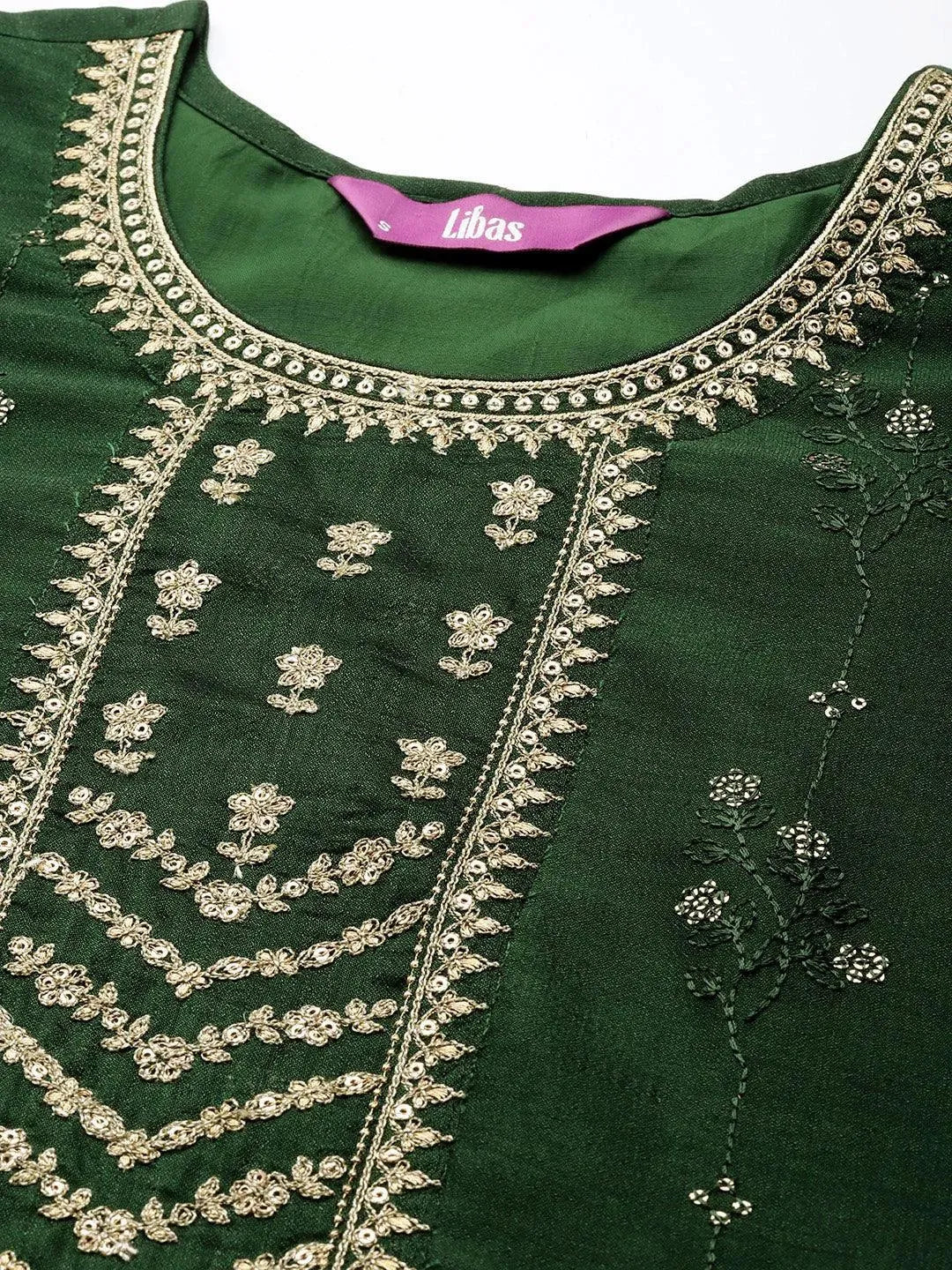 Green Embroidered Silk Straight Kurta - Libas