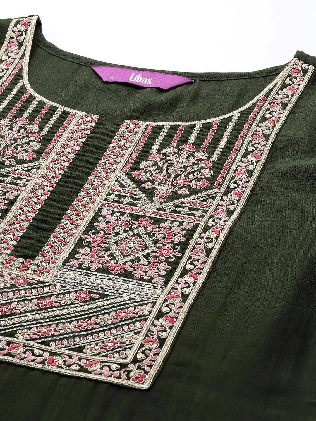 Green Embroidered Silk Straight Kurta - Libas 