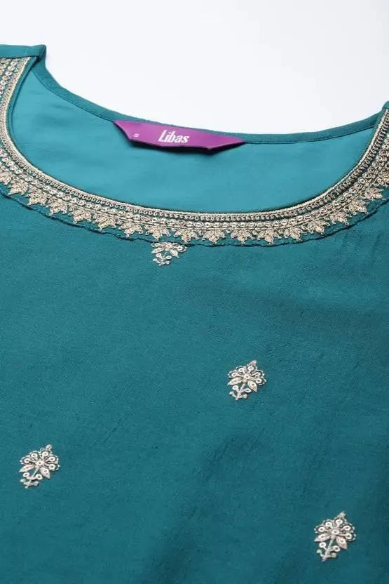 Green Embroidered Silk Straight Kurta - Libas