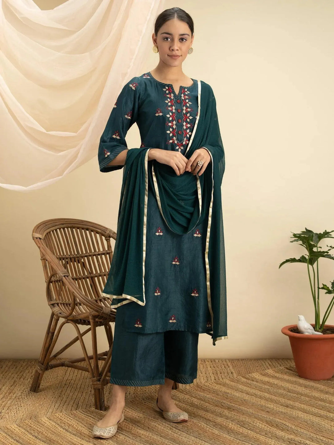 Green Embroidered Silk Suit Set - Libas