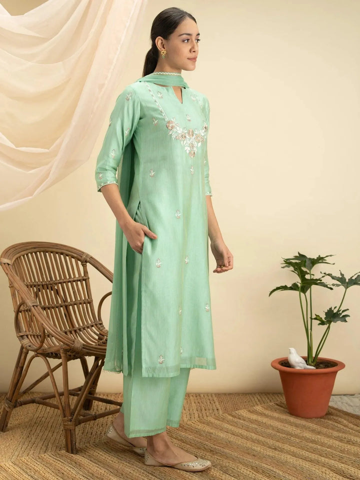 Green Embroidered Silk Suit Set - Libas