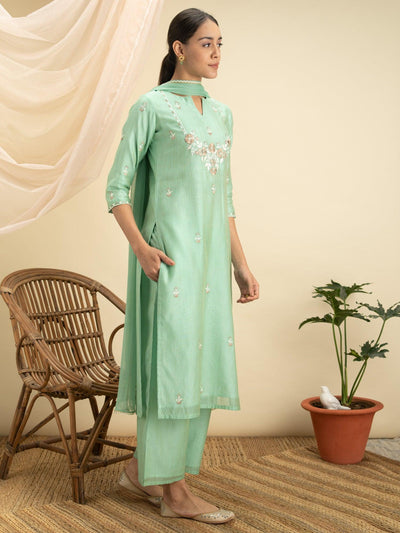 Green Embroidered Silk Suit Set - Libas