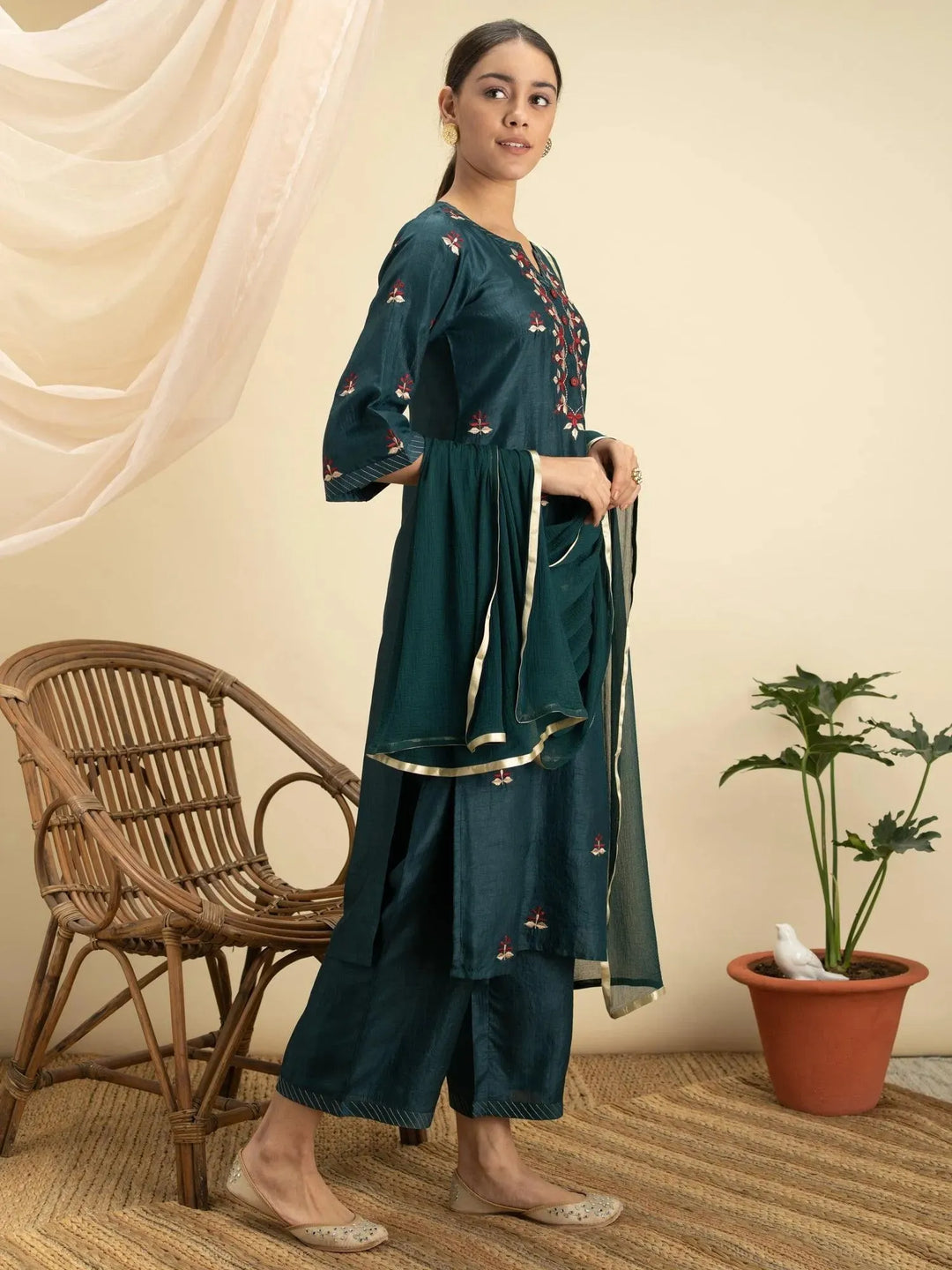 Green Embroidered Silk Suit Set - Libas