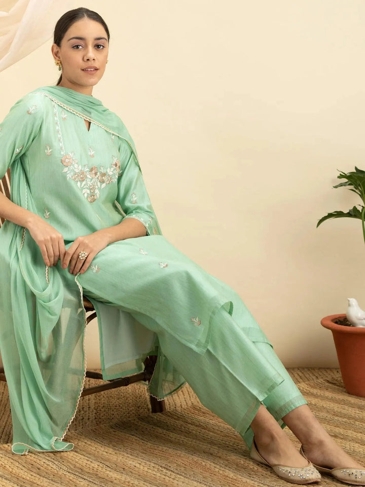 Green Embroidered Silk Suit Set - Libas