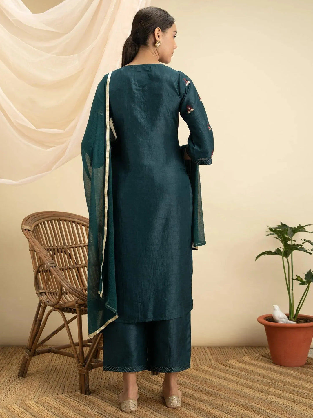 Green Embroidered Silk Suit Set - Libas