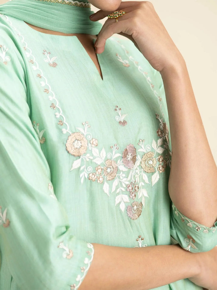 Green Embroidered Silk Suit Set - Libas