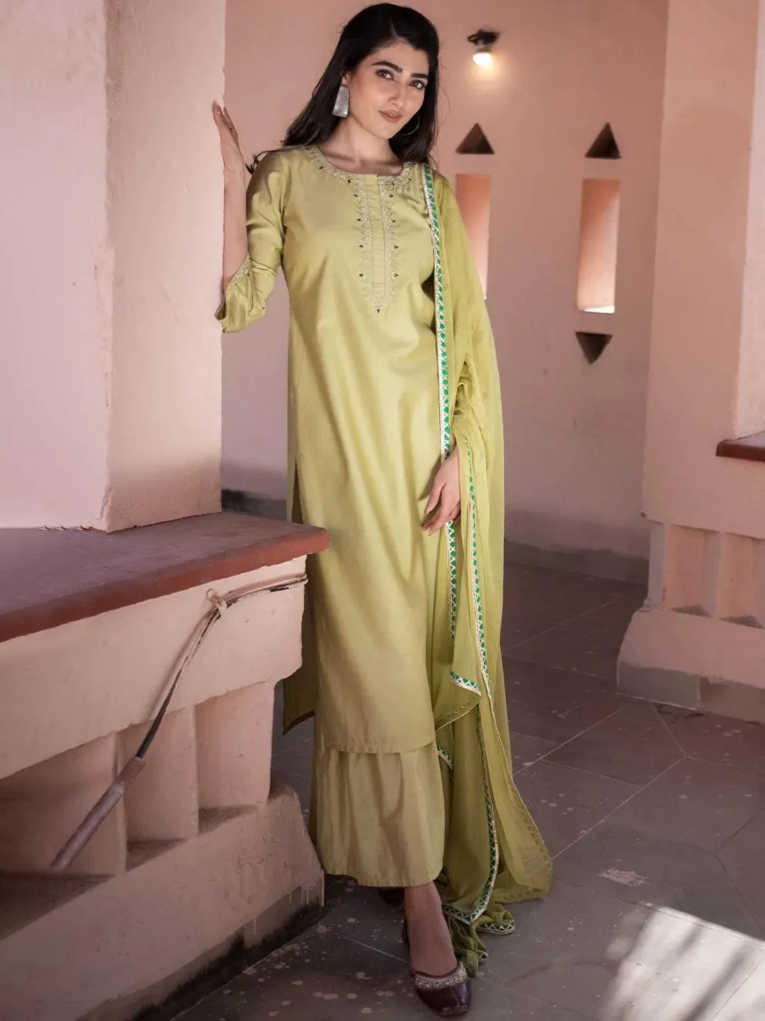 Green Embroidered Silk Suit Set - Libas