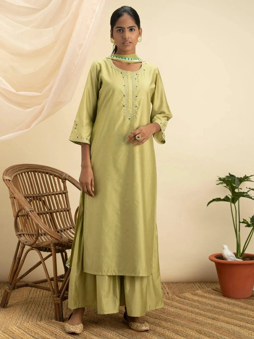 Green Embroidered Silk Suit Set - Libas 