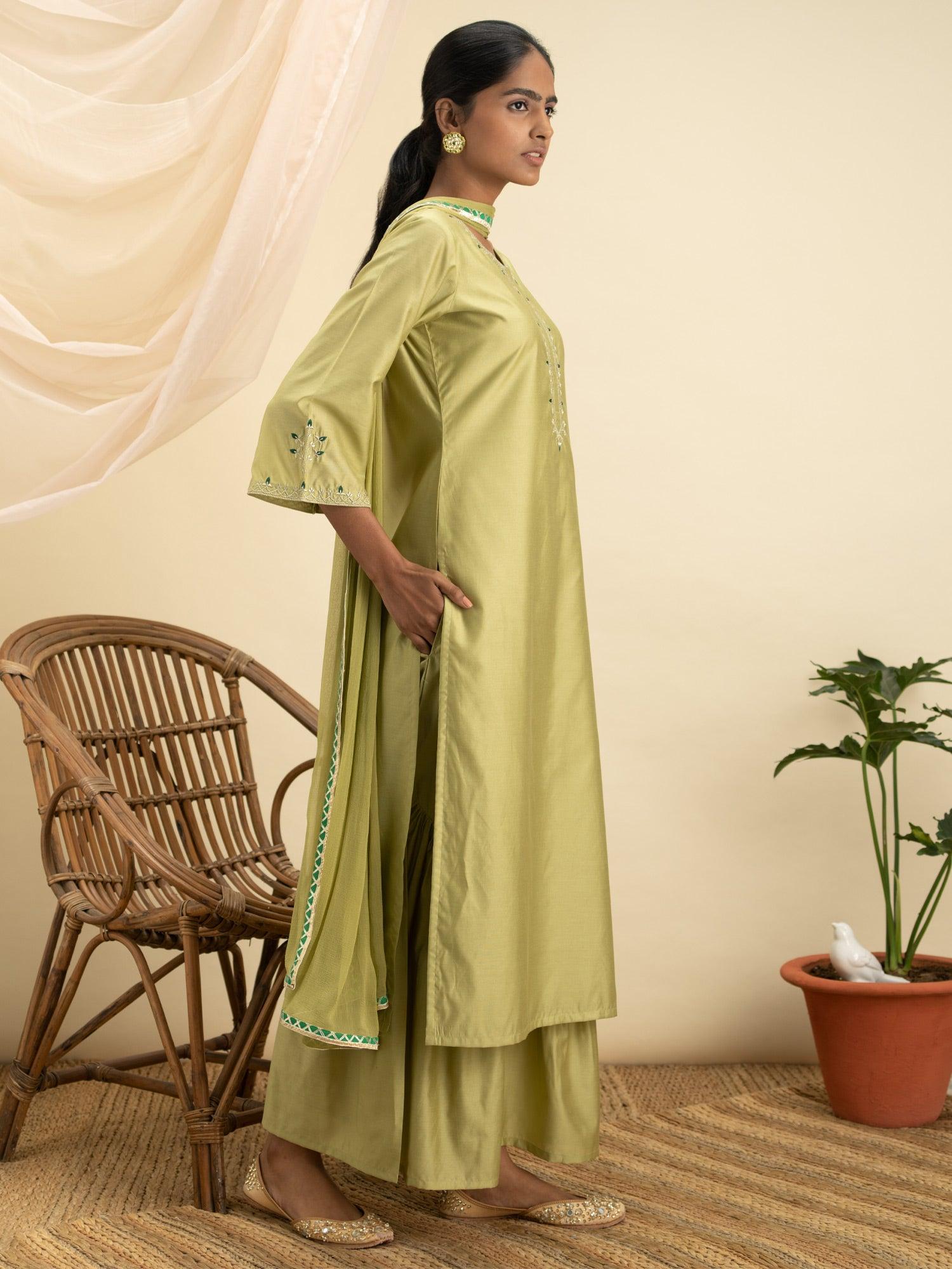 Green Embroidered Silk Straight Kurta With Sharara & Dupatta
