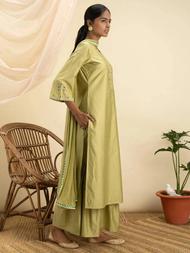 Green Embroidered Silk Suit Set - Libas