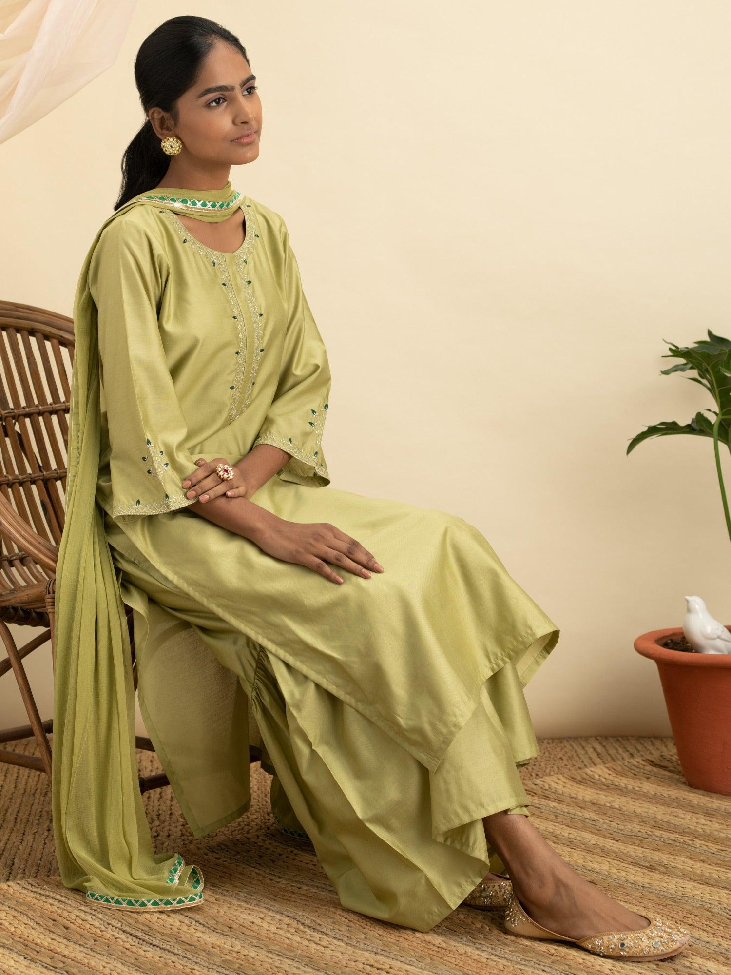 Green Embroidered Silk Straight Kurta With Sharara & Dupatta