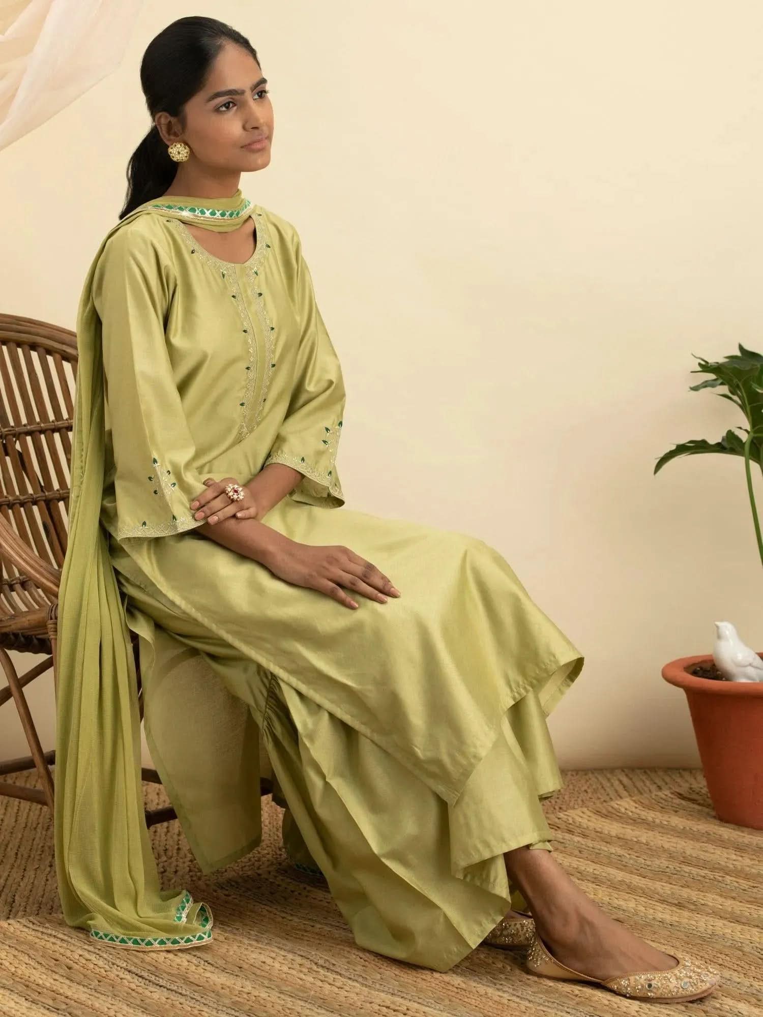 

Buy Green Embroidered Silk Suit Set - 20033O-XS | Libas Ethnic Wear Online