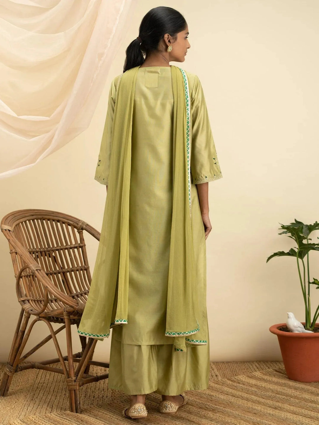 Green Embroidered Silk Suit Set - Libas