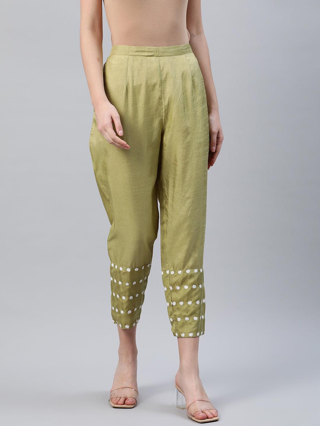 Green Embroidered Silk Trousers