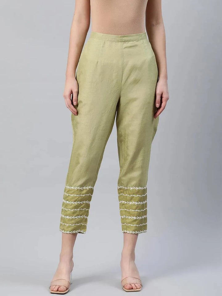 Green Embroidered Silk Trousers - Libas