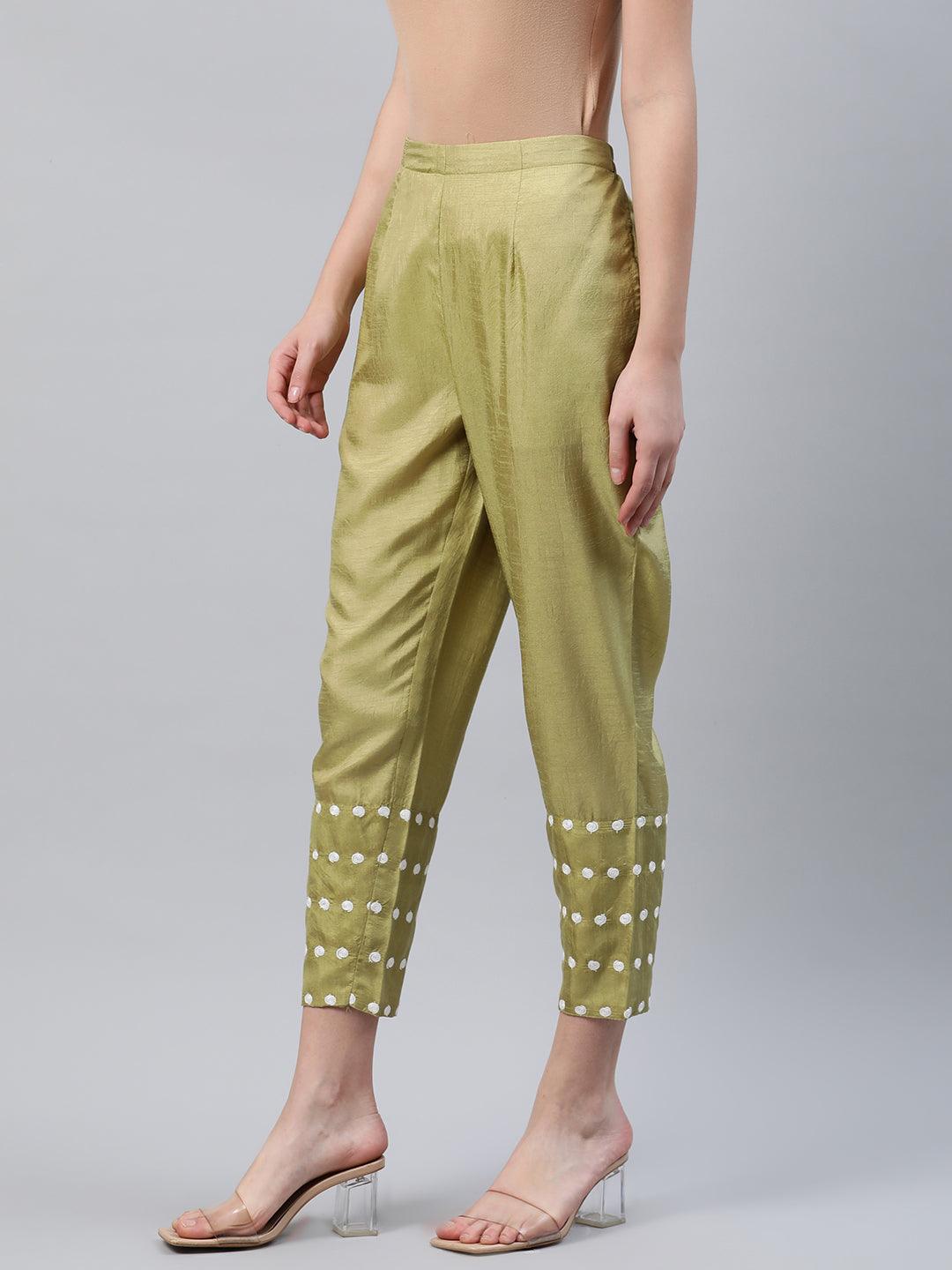 Green Embroidered Silk Trousers - Libas