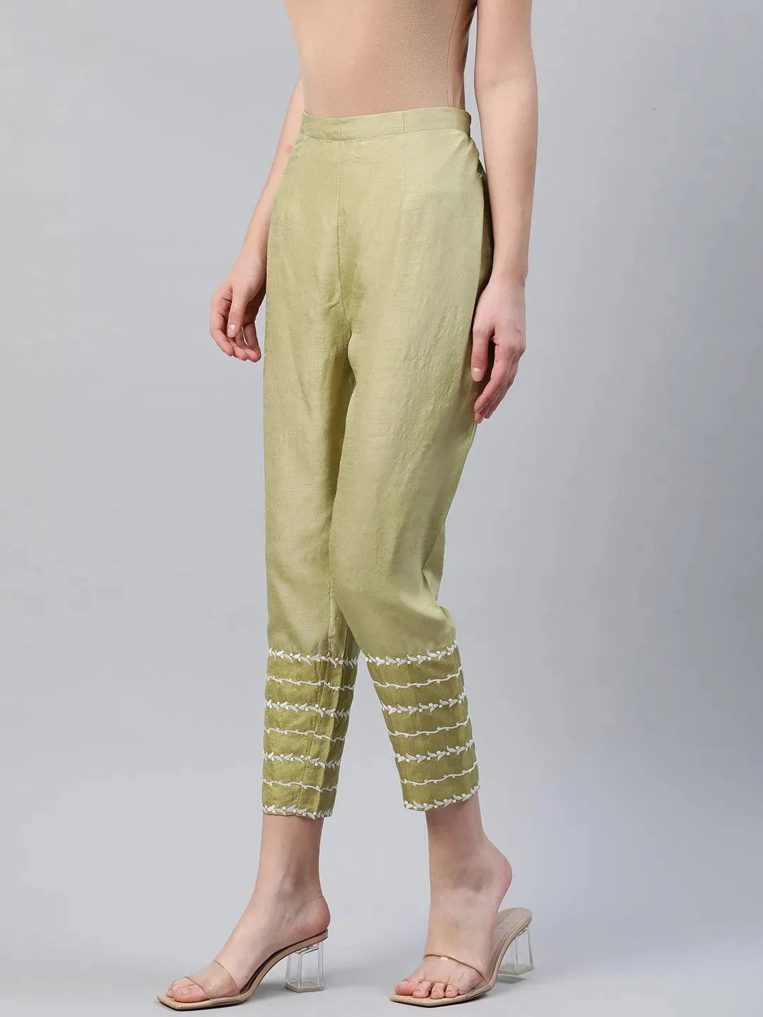 Green Embroidered Silk Trousers - Libas