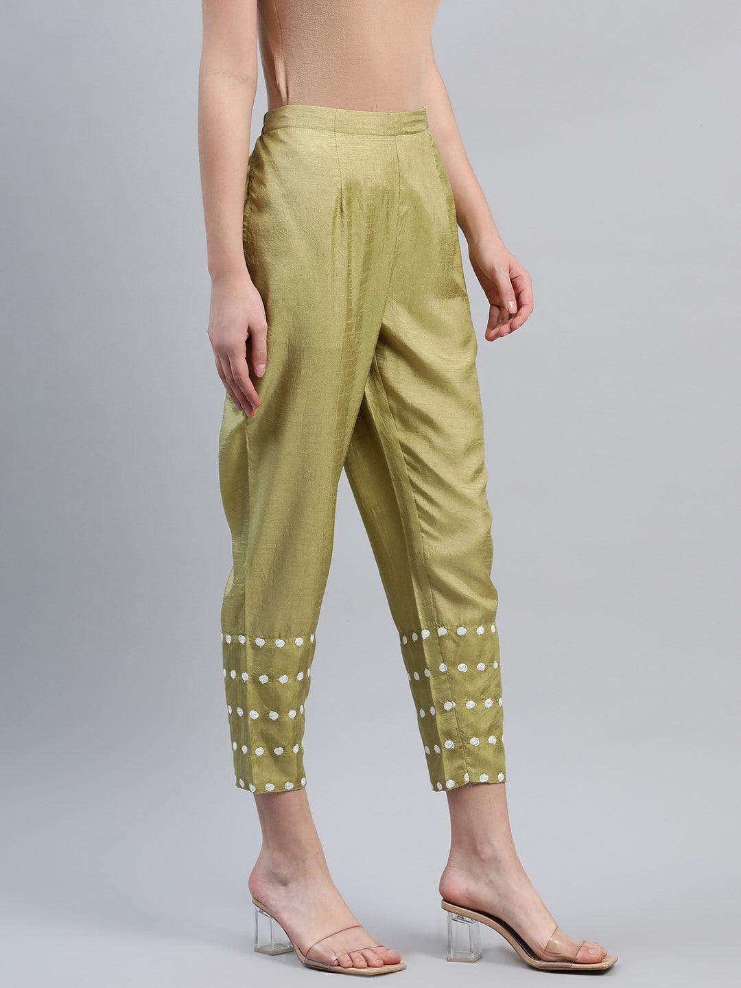 Green Embroidered Silk Trousers