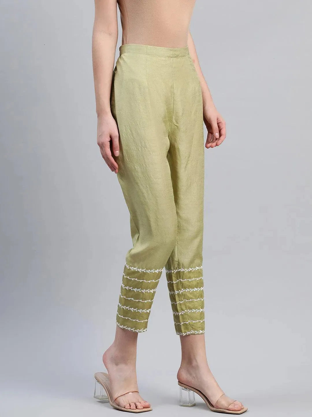 Green Embroidered Silk Trousers - Libas