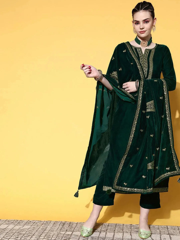 Green Embroidered Velvet Straight Suit Set - Libas