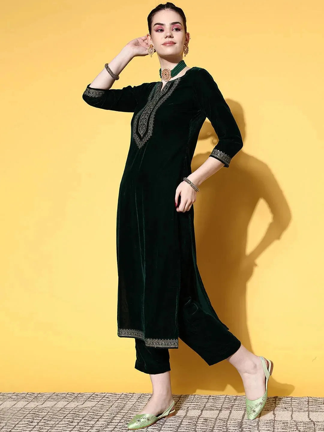 Green Embroidered Velvet Straight Suit Set - Libas 