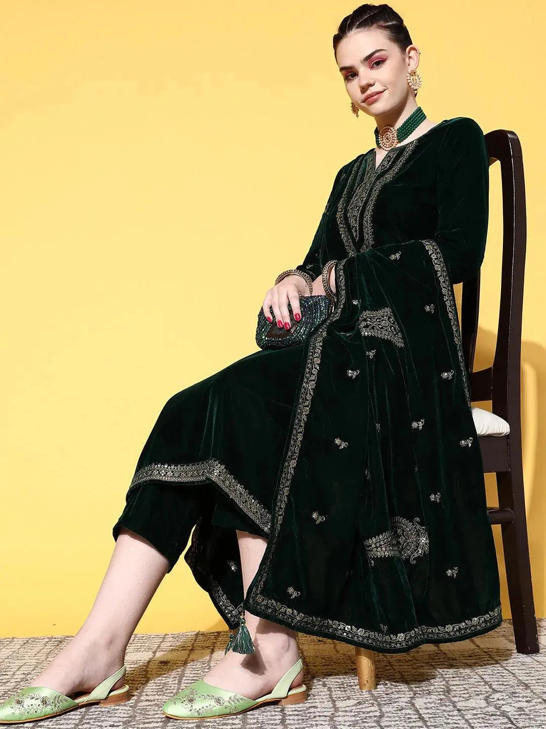Green Embroidered Velvet Straight Suit Set - Libas 