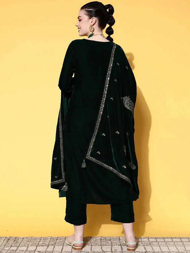Green Embroidered Velvet Straight Suit Set - Libas