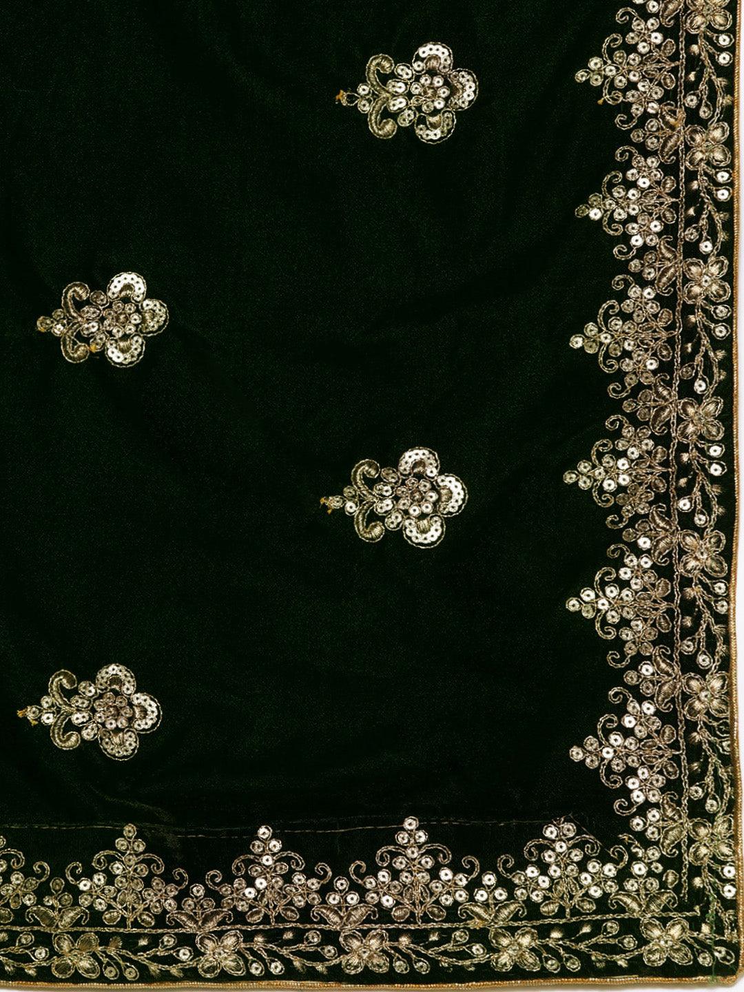 Green Embroidered Velvet Straight Kurta With Dupatta