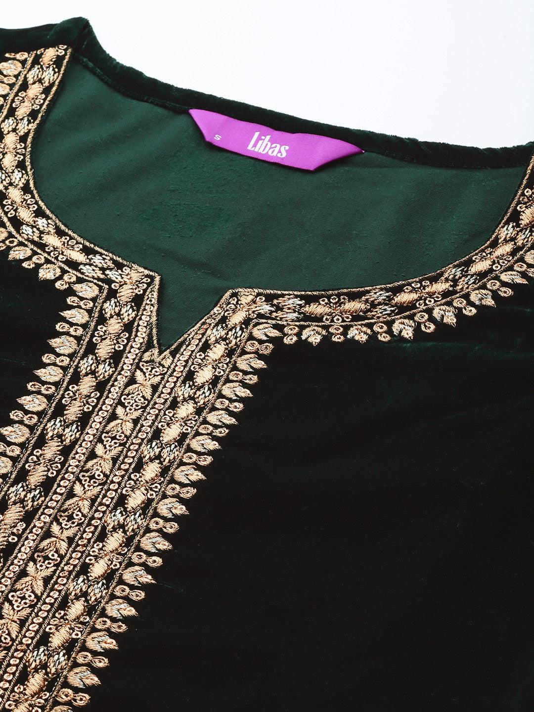 Green Embroidered Velvet Straight Kurta With Trousers & Dupatta