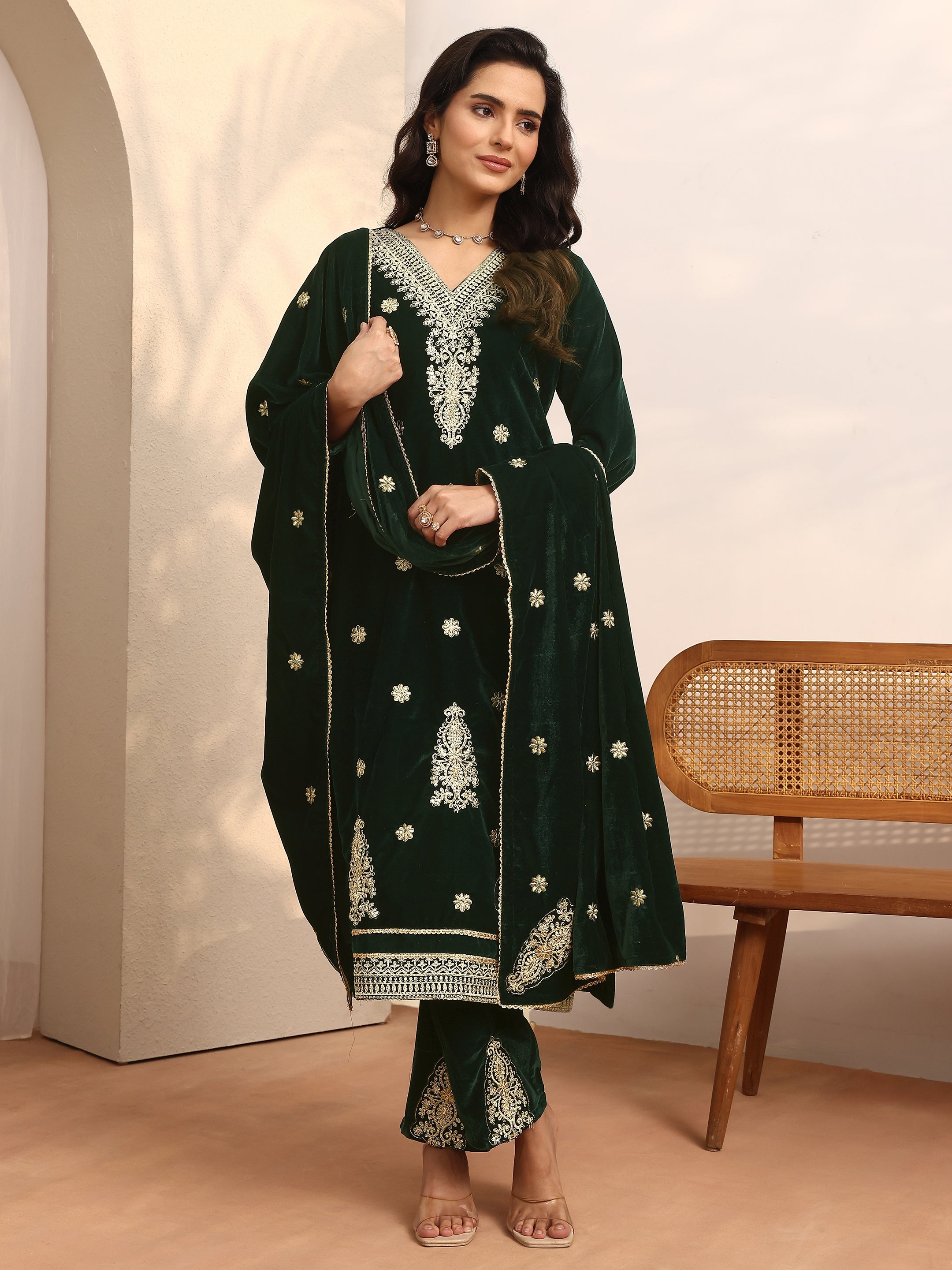 libas Green Embroidered Velvet Straight Suit Set With Dupatta-picture-34