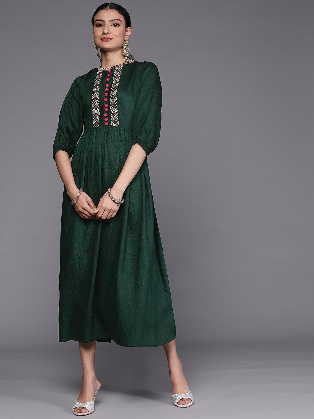 Green Embroidered Viscose Rayon Dress