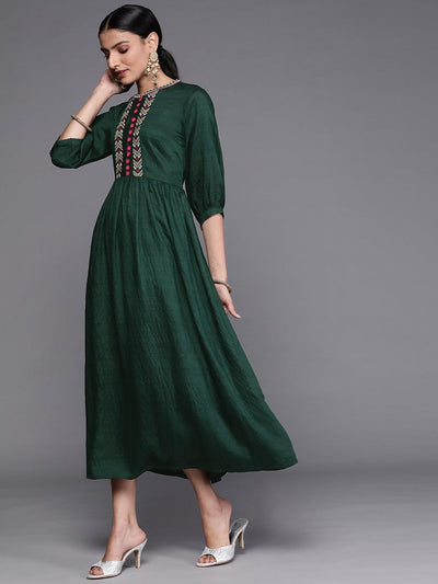 Green Embroidered Viscose Rayon Dress - Libas