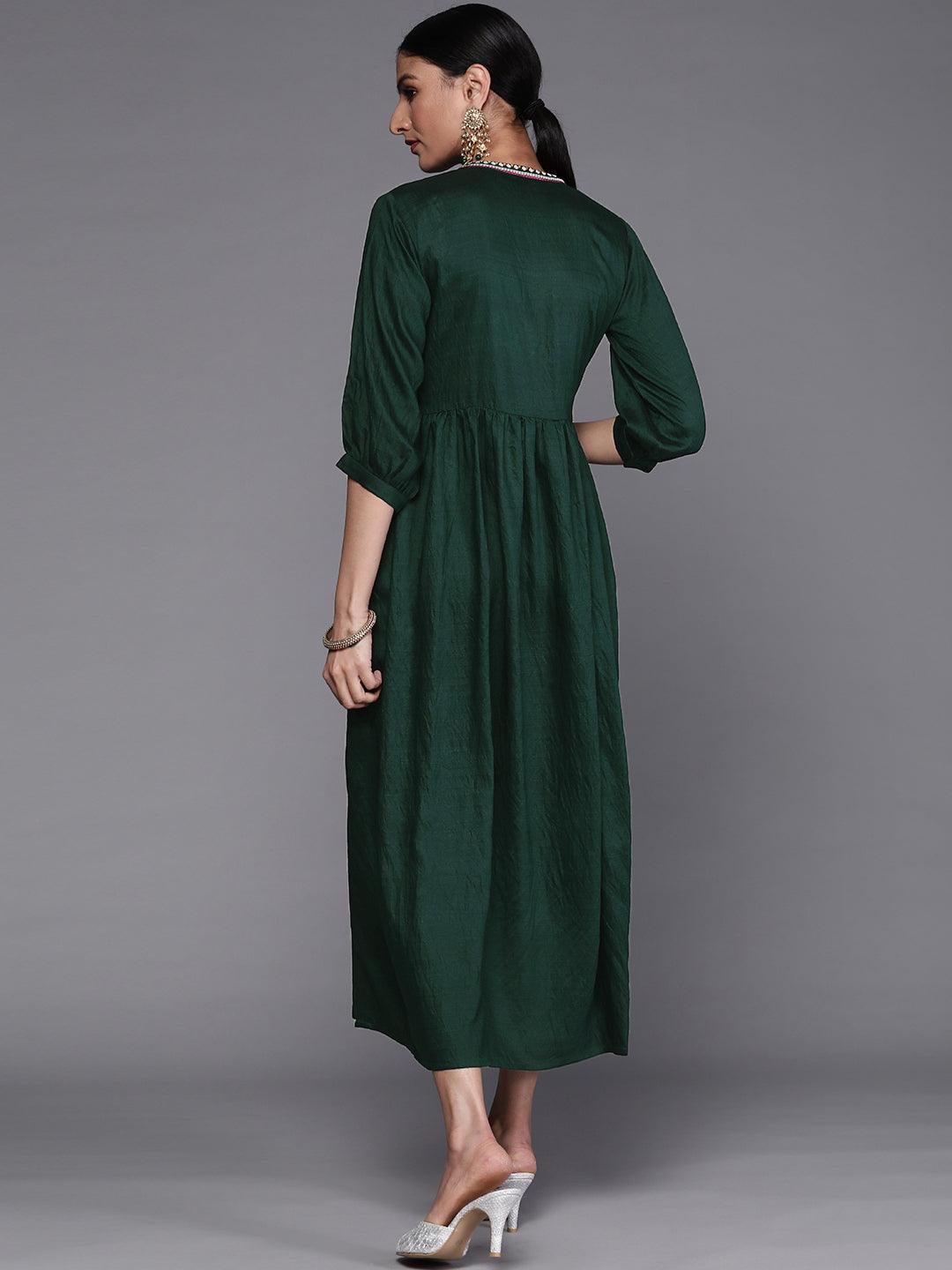 Green Embroidered Viscose Rayon Dress - Libas